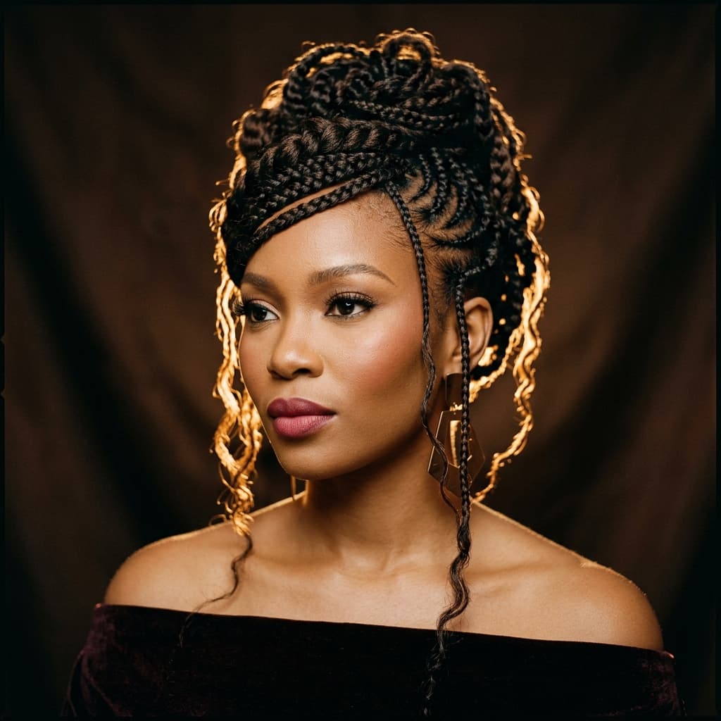 Elegant braided hairstyle with amber backlighting